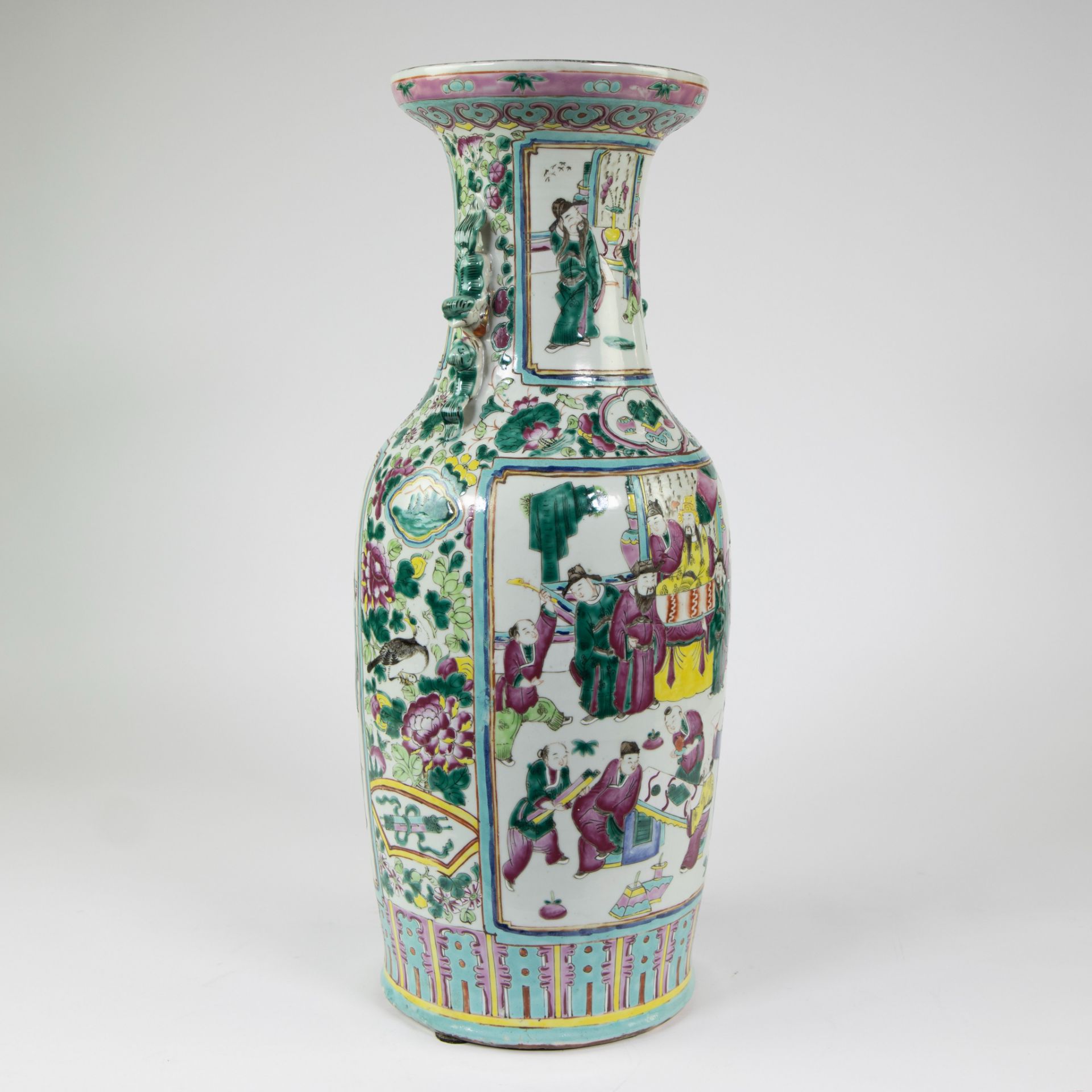 Large porcelain baluster vase, decorated in polychrome enamels with court scenes to two sides, sculp - Image 8 of 10