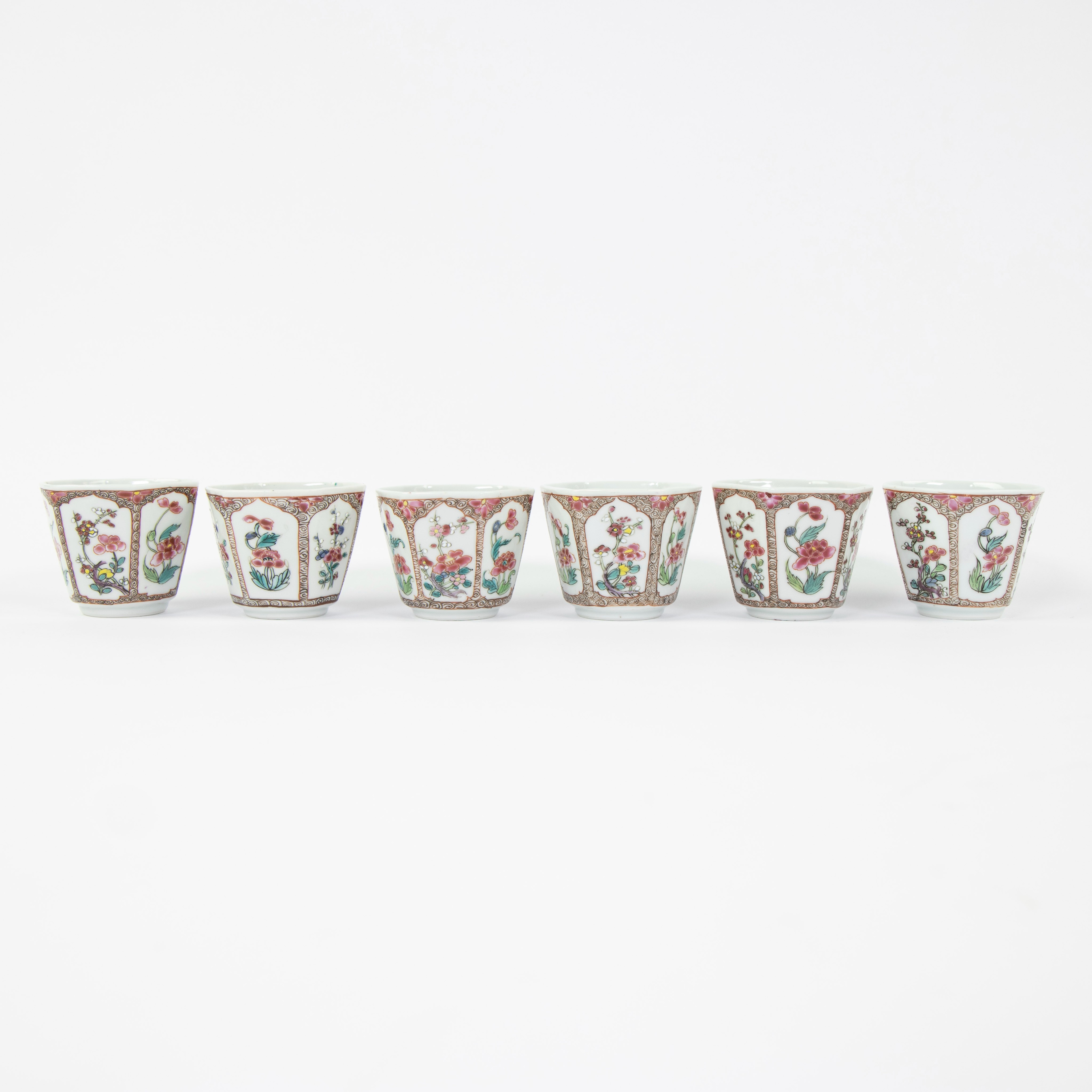 Set of six famille rose cups with their saucers and covers, decorated with flowers and blossom withi - Image 8 of 11