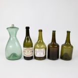 Collection of glassware, 2 bottles with label 19th century, 3 bottles 18th century