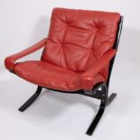 Vintage red leather armchair by Ingmar Relling for Westnofa 1960