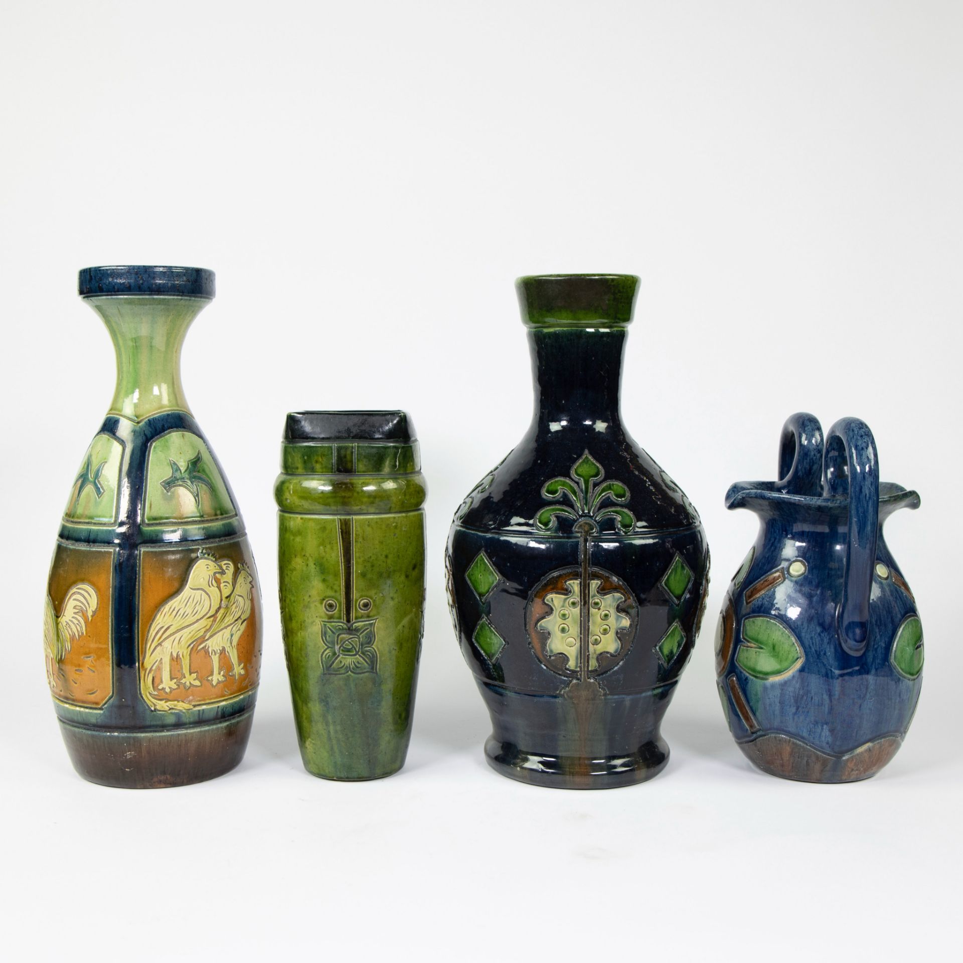 Collection of 4 glazed vases Flemish pottery, ao Société Belge de Poterie Flamande Kortrijk. - Image 2 of 4