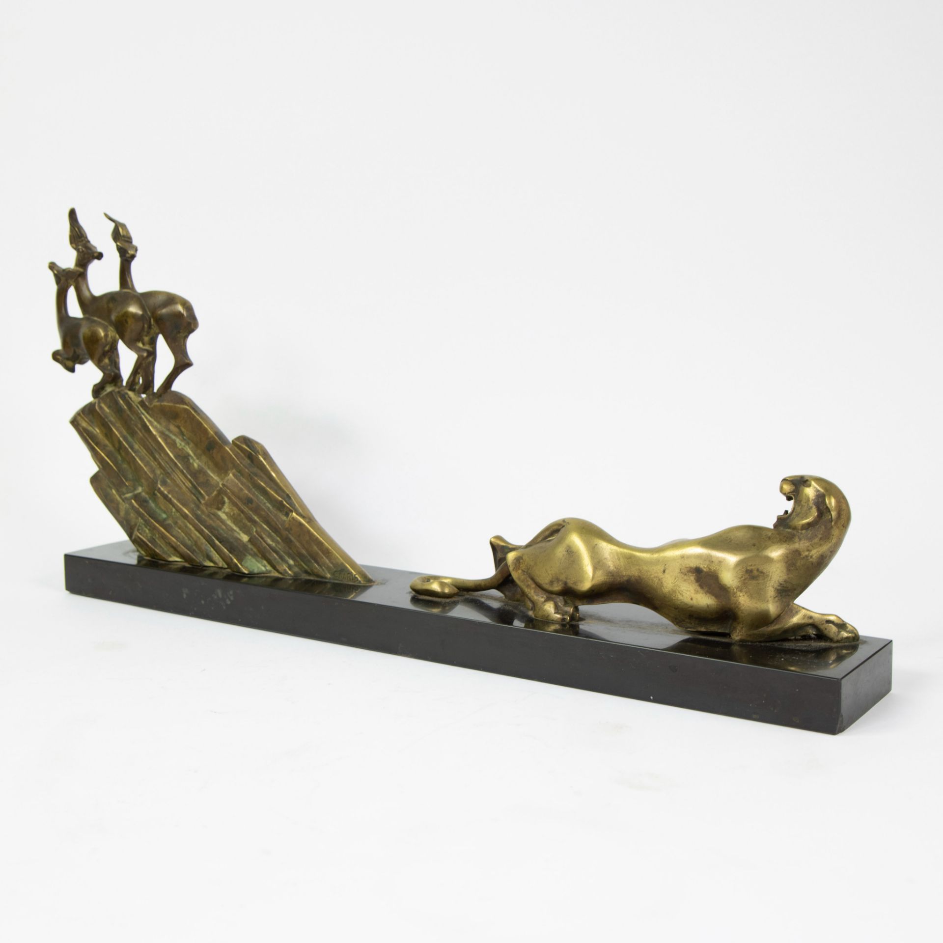 Art Deco sculpture of a panther with deer on a marble base. - Image 3 of 4