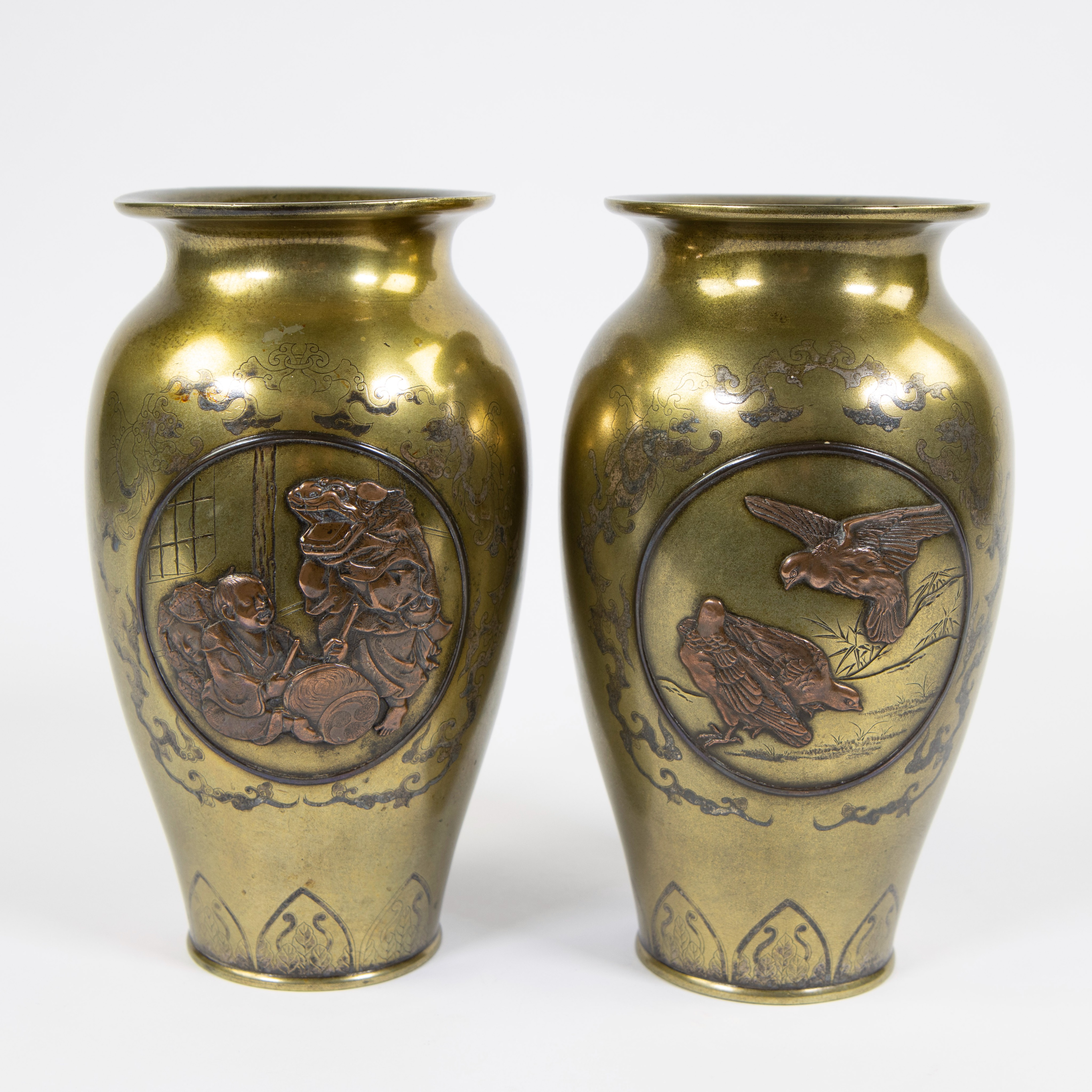 Pair of Japanese brass vases with copper decoration, ca 1900