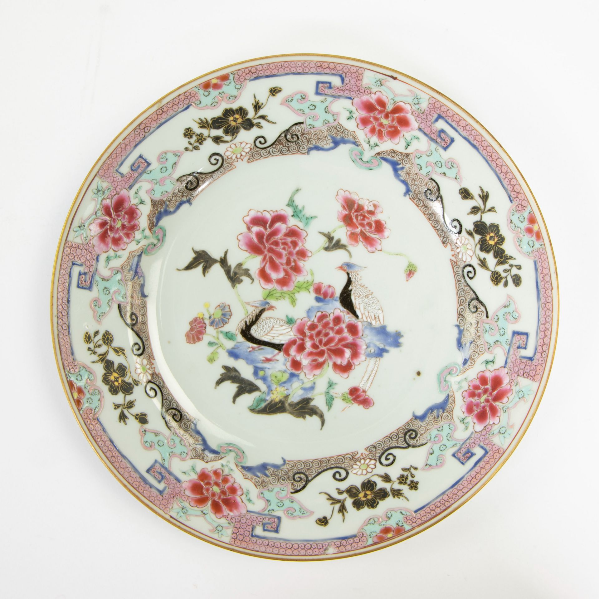 Set of six Chinese porcelain famille rose plates with tobacco leaf, peony and pheasant decor. Qianlo - Image 8 of 13