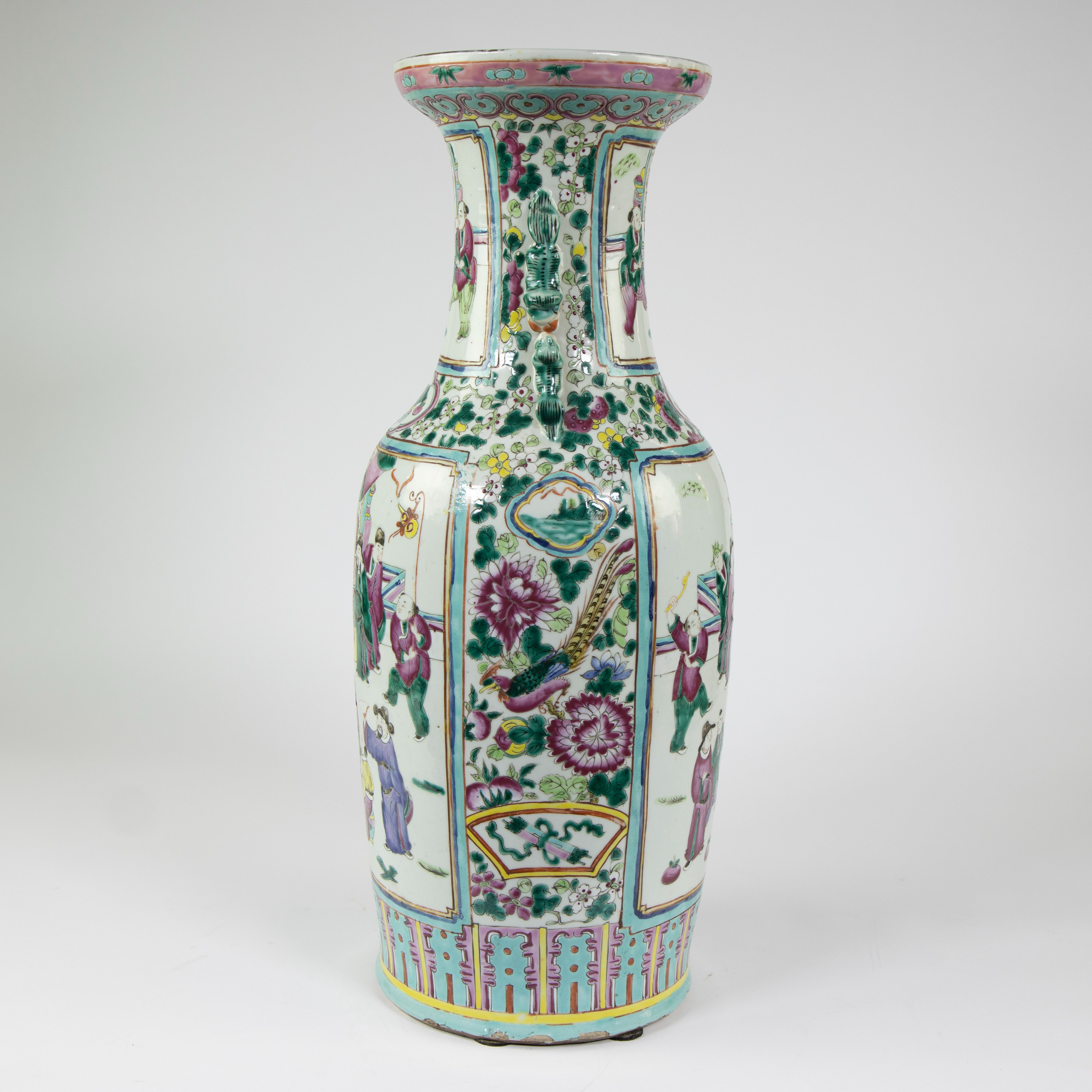 Large porcelain baluster vase, decorated in polychrome enamels with court scenes to two sides, sculp - Image 3 of 10