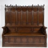 Neo-Gothic oak hall bench, signed and dated 1894