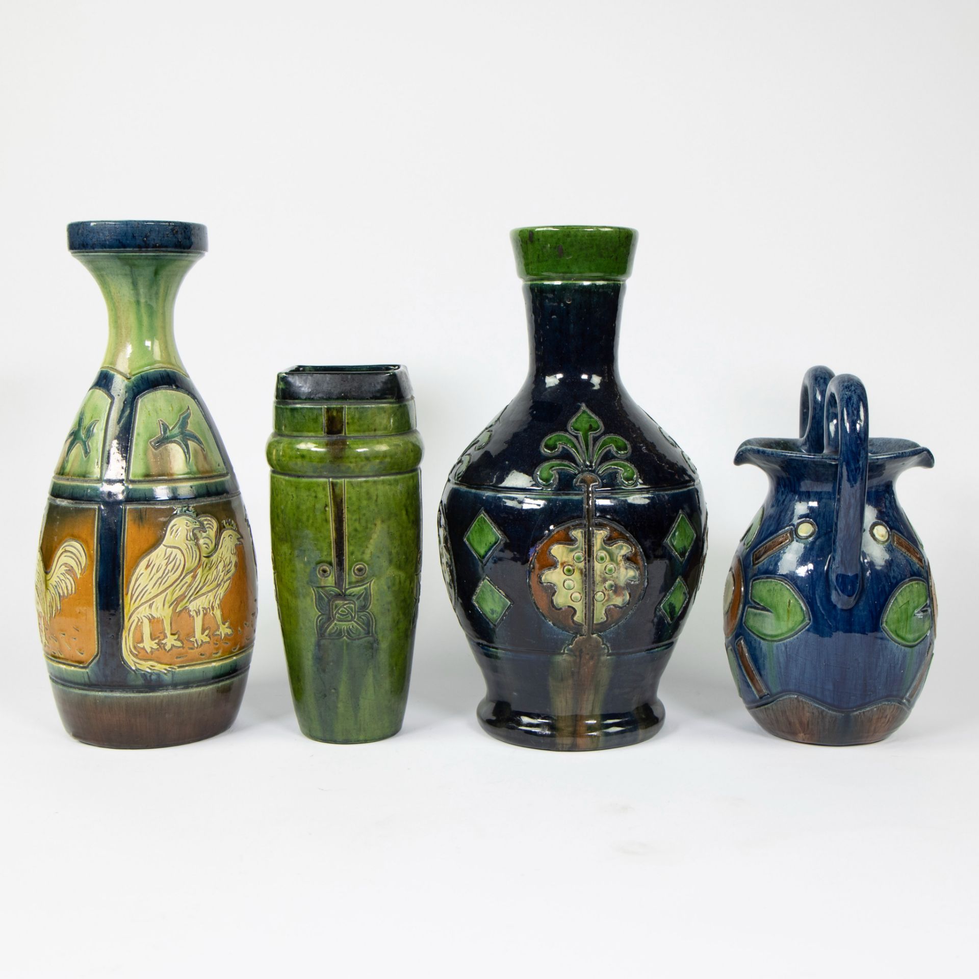 Collection of 4 glazed vases Flemish pottery, ao Société Belge de Poterie Flamande Kortrijk. - Image 4 of 4