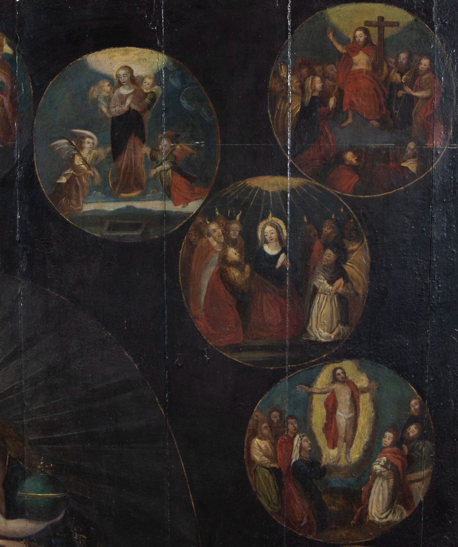 17th century oil on panel Madonna and Child surrounded by medallions with religious scenes - Image 6 of 7