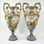 Pair of imposing hand-painted decorative vases by Gaetano Battaglie, Naples, 19th century, signed.