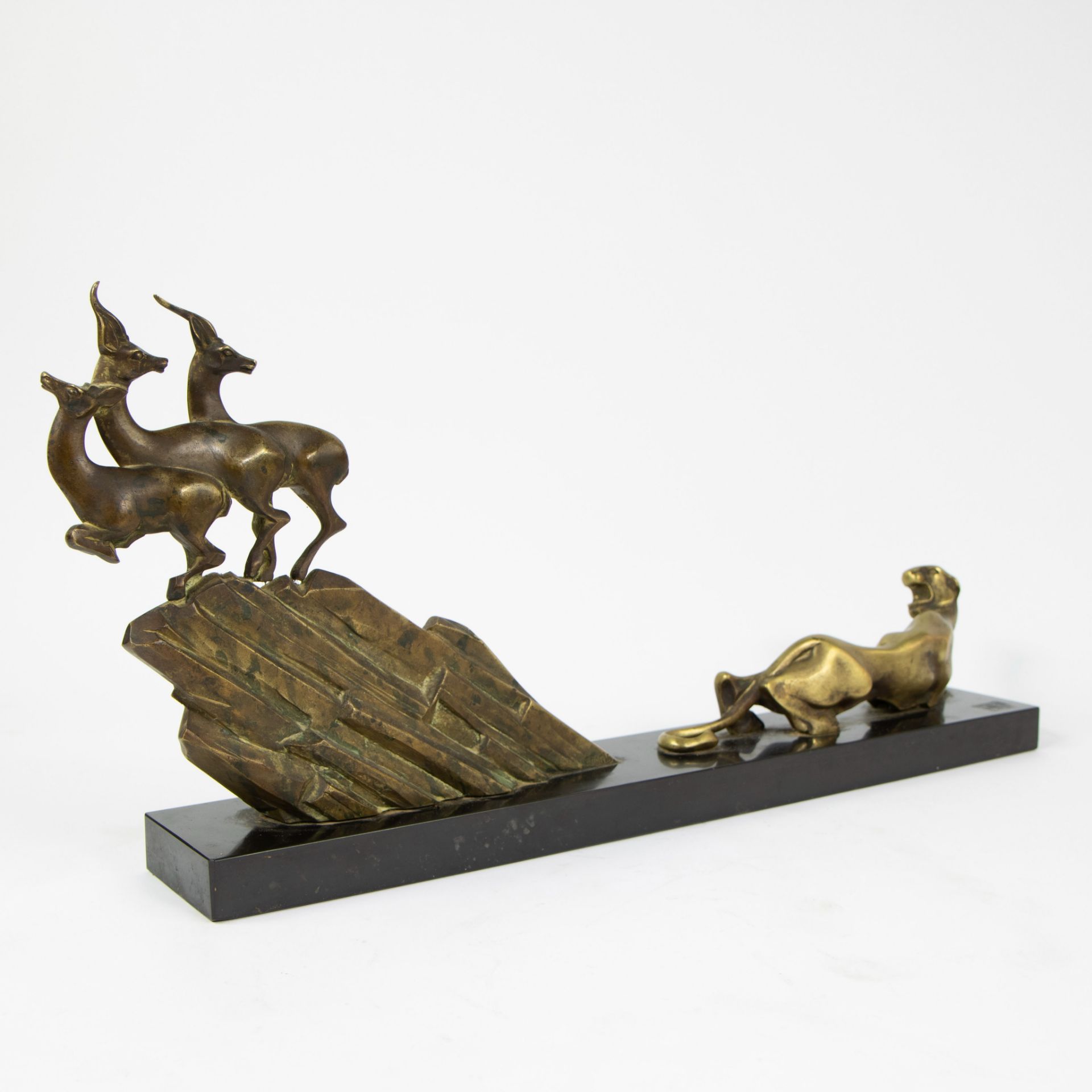 Art Deco sculpture of a panther with deer on a marble base. - Image 2 of 4