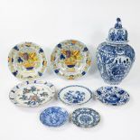 Large lot Delft, polychrome plates, blue including peacock plate and lid vase marked AK (Adrianus Ko