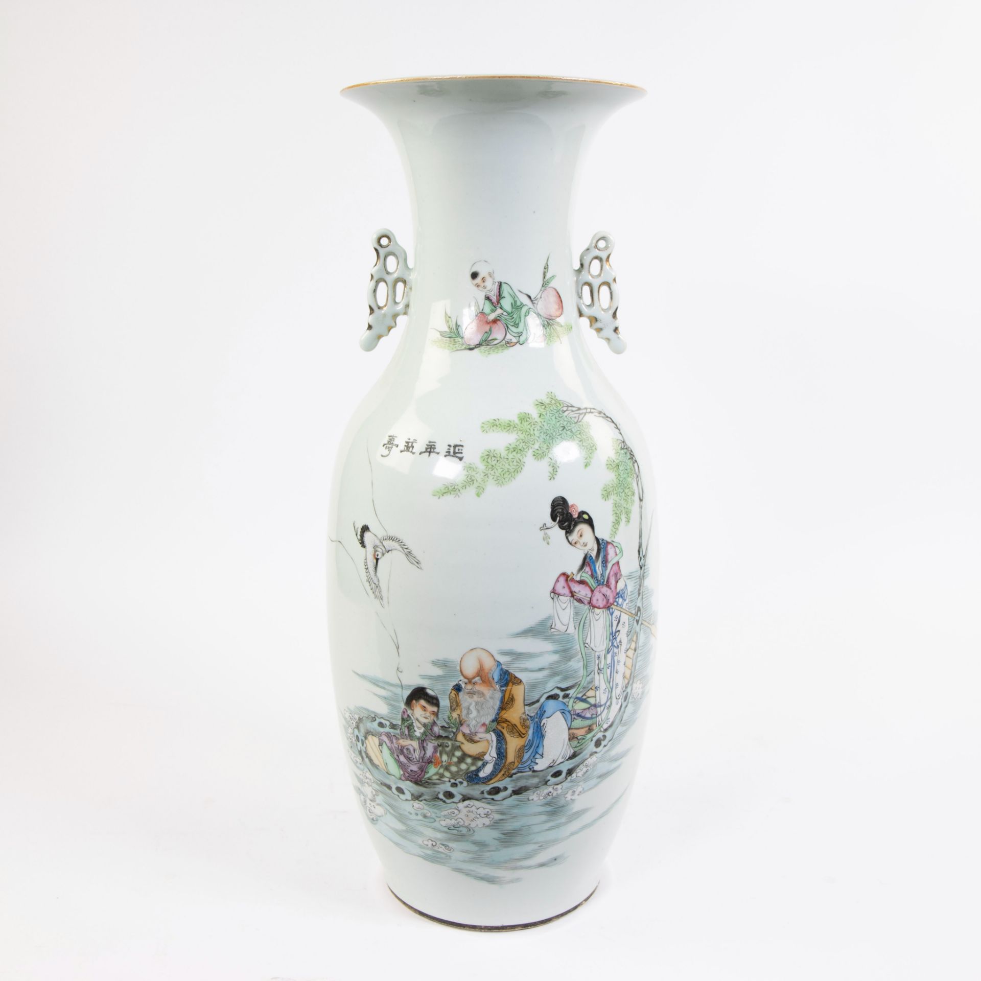 Large baluster vase depicting immortals on a boat made from a livine tree. He Xiangu at the helm, Sh