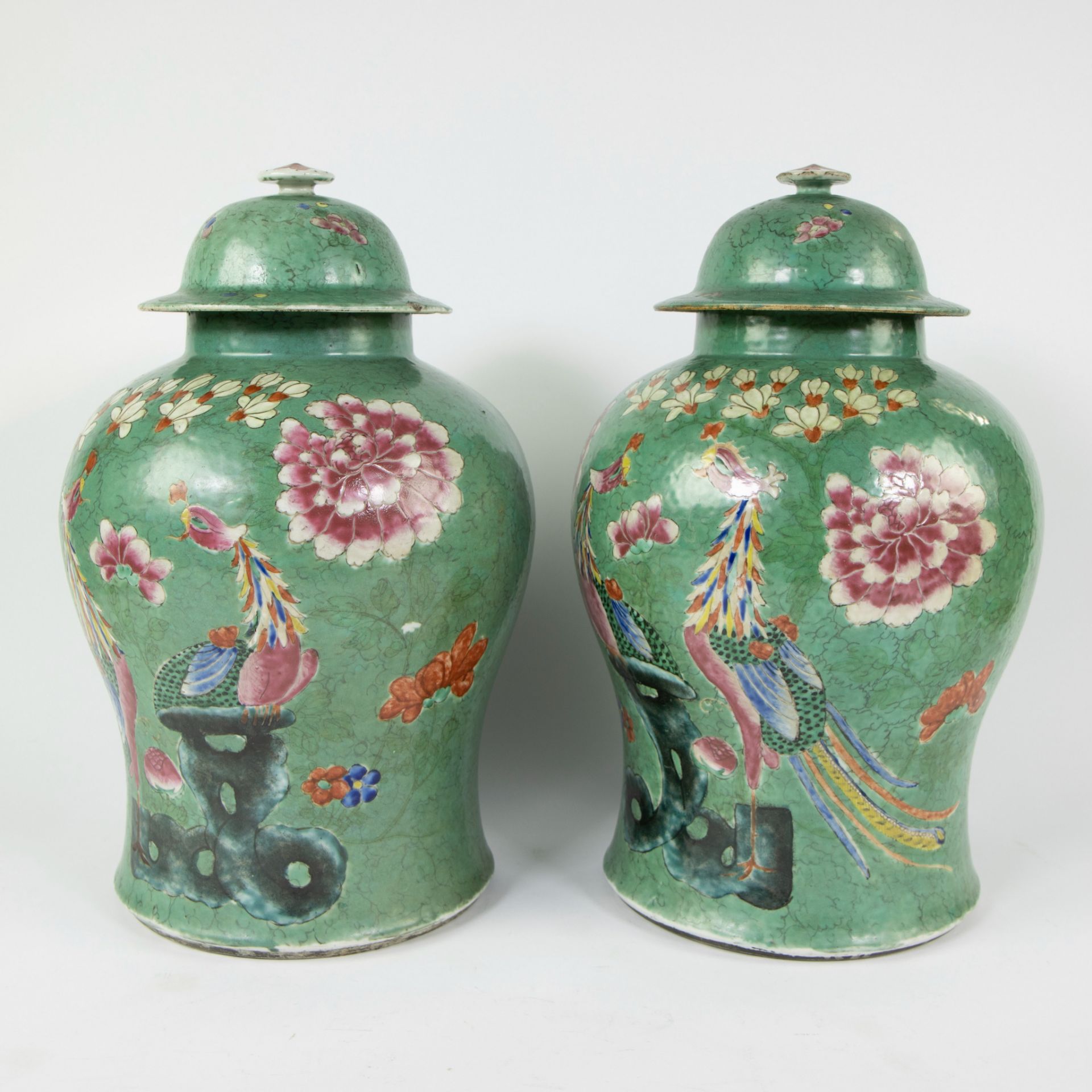 Pair of Chinese baluster shaped jars and their covers symmetrically decorated in fencai enamels depi - Image 2 of 12