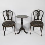 Table and 2 chairs inlaid with mother-of-pearl, English ca 1900