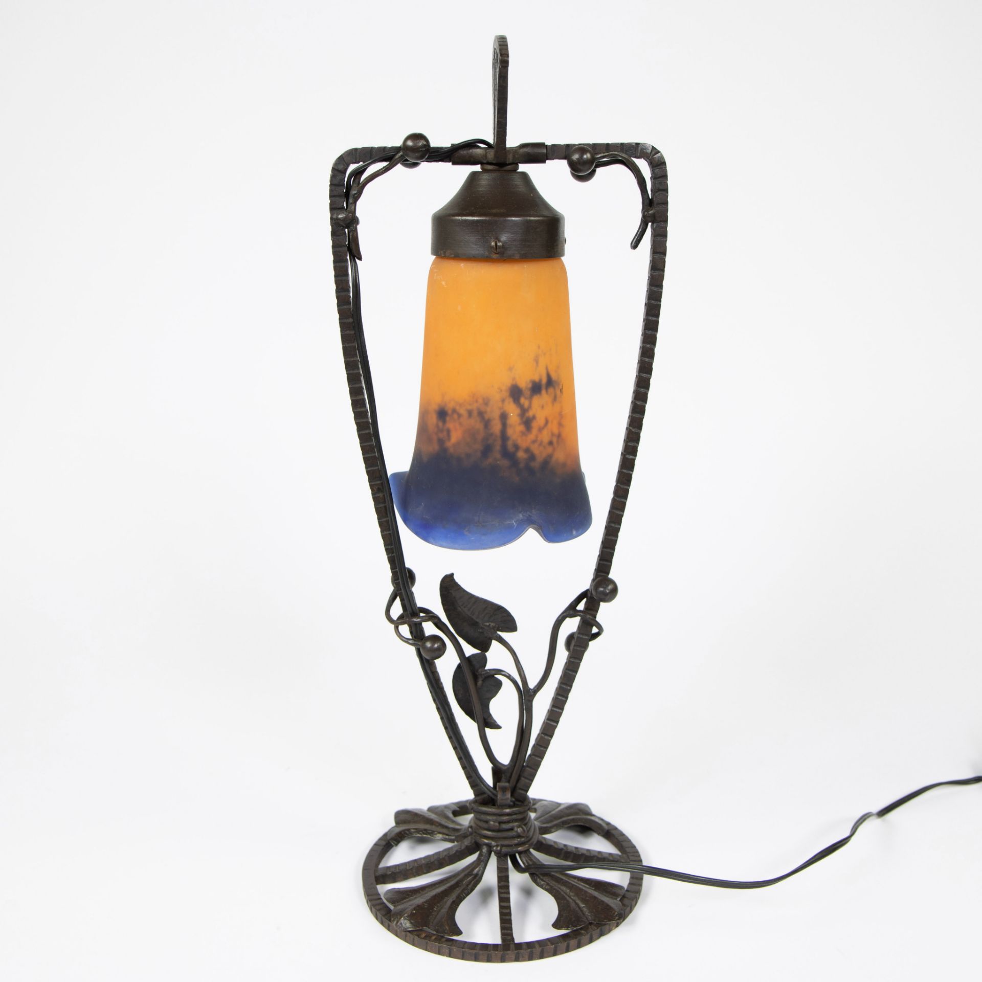 Noverdy table lamp France, wrought iron and glass shade with melted colour powders, signed. - Image 4 of 5