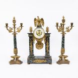 French green veined marble column clock decorated with eagle and 2 candlesticks with 4 light points,