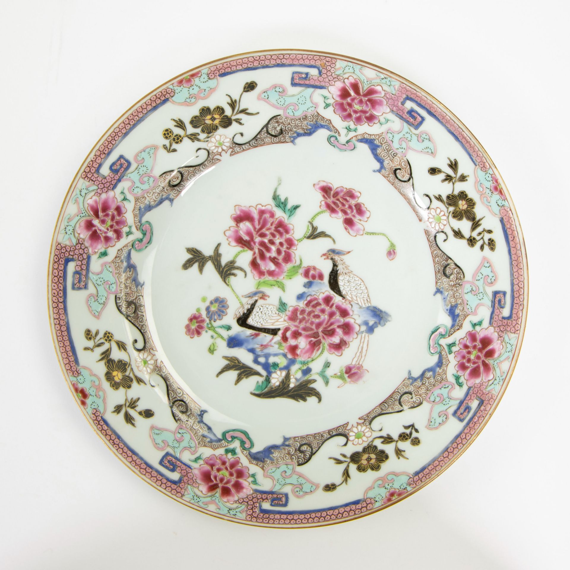 Set of six Chinese porcelain famille rose plates with tobacco leaf, peony and pheasant decor. Qianlo - Image 6 of 13