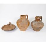 Collection of archaeological pottery, Reinerswael large bowl ca 1400, saucepan 14th and large jug ca