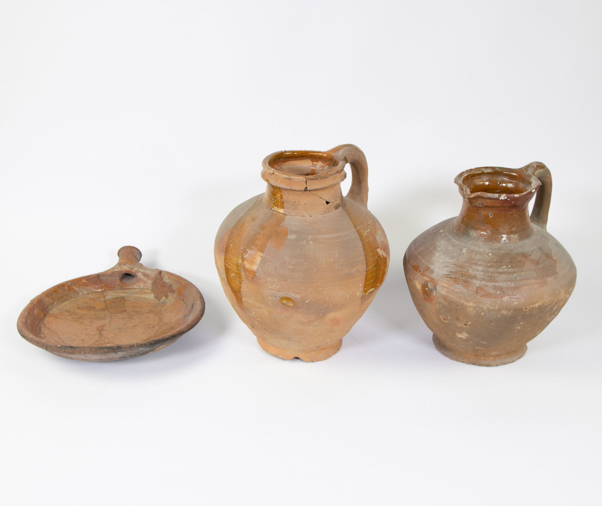 Collection of archaeological pottery, Reinerswael large bowl ca 1400, saucepan 14th and large jug ca