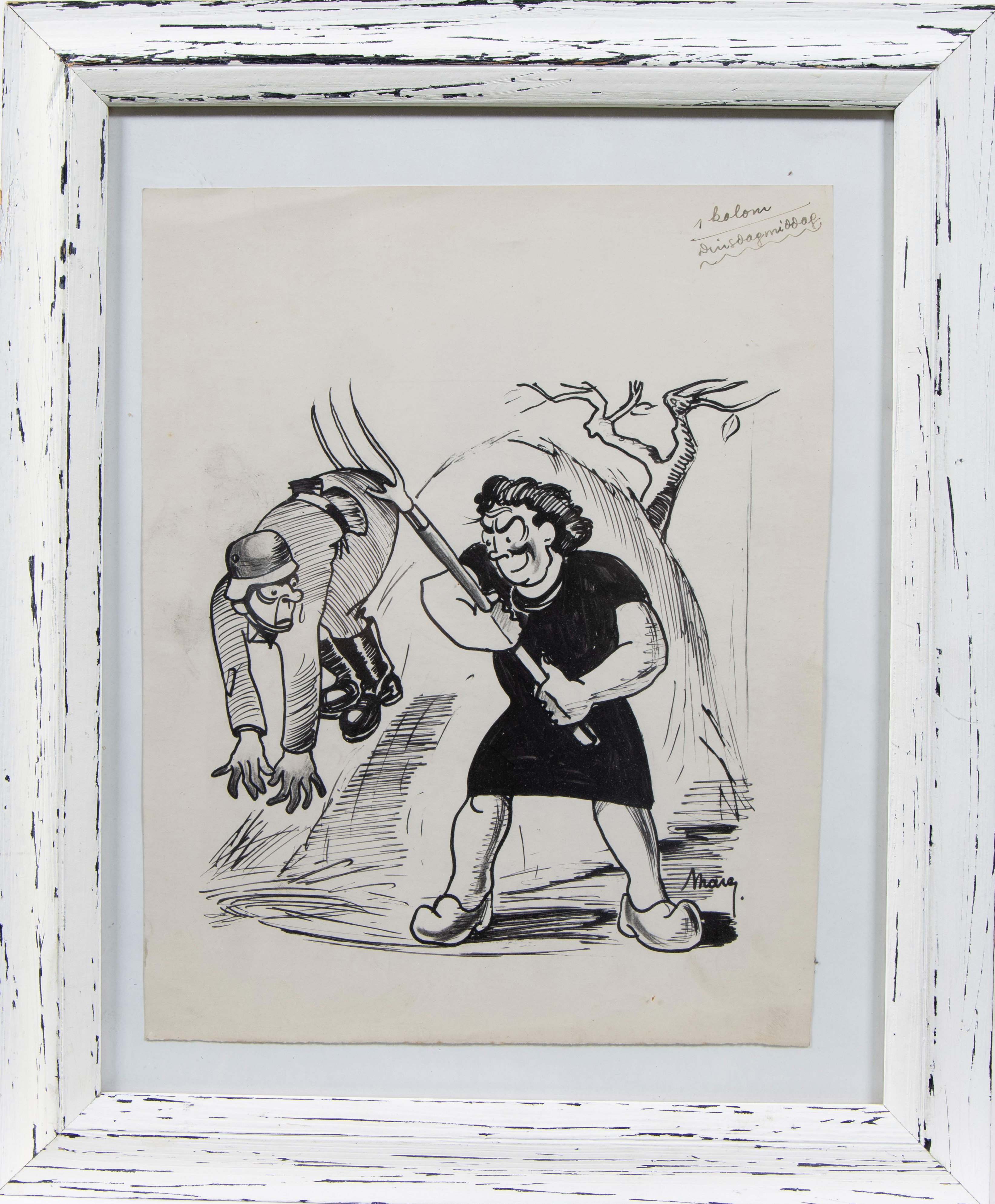 Marc Sleen, drawing Woman with prong and soldier ca 1945, signed - Image 2 of 3