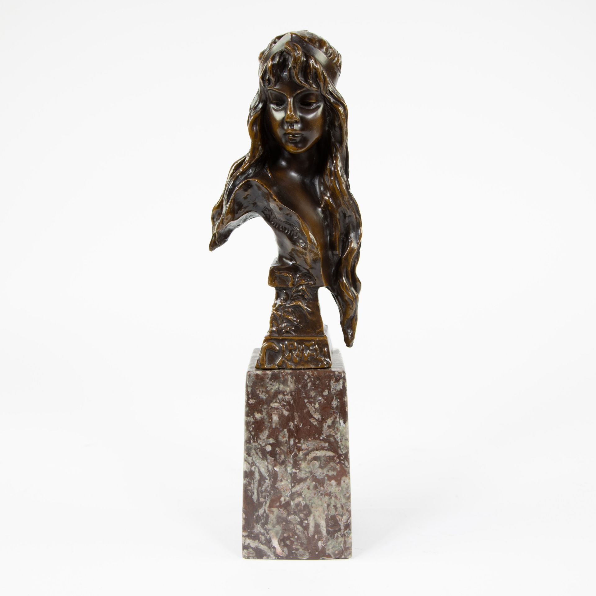 Fine brown patinated bronze on marble base, Ladies head, signed.