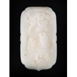 A WHITE JADE LANDSCAPE PLAQUE MOUNTED ON A SILVER BOX placca h.11 cm x l. 6 cm
