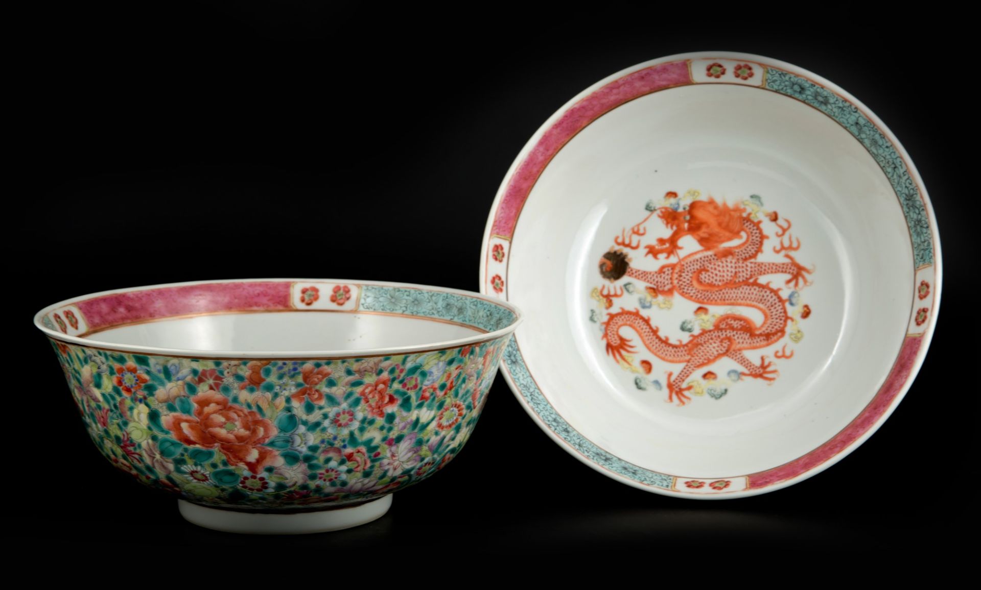 PAIR OF MILLEFLEURS PORCELAIN BOWLS  h. 8.8 cm x d. 20.8 cm