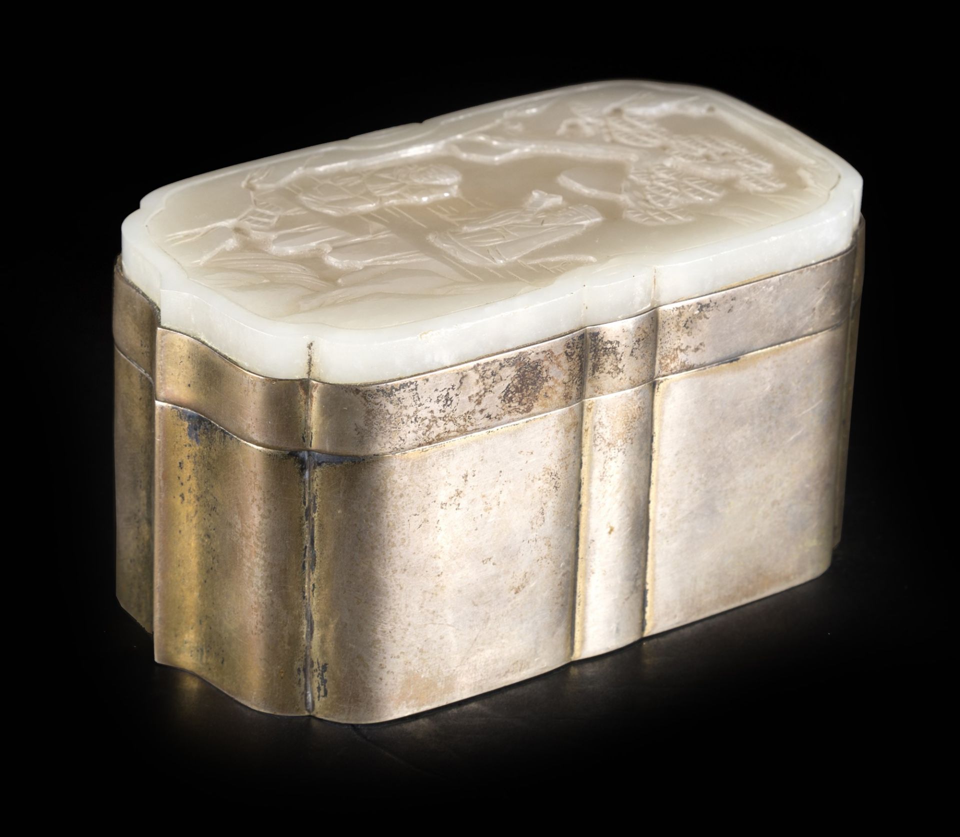 A WHITE JADE LANDSCAPE PLAQUE MOUNTED ON A SILVER BOX placca h.11 cm x l. 6 cm - Bild 3 aus 3