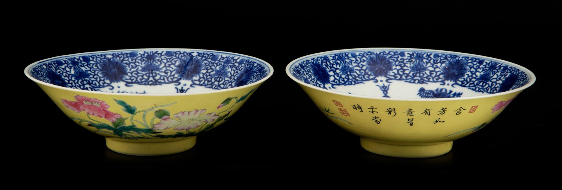 PAIR OF BLUE AND WHITE FAMILLE ROSE YELLOW-GROUND PORCELAIN CUPS d. 15,2