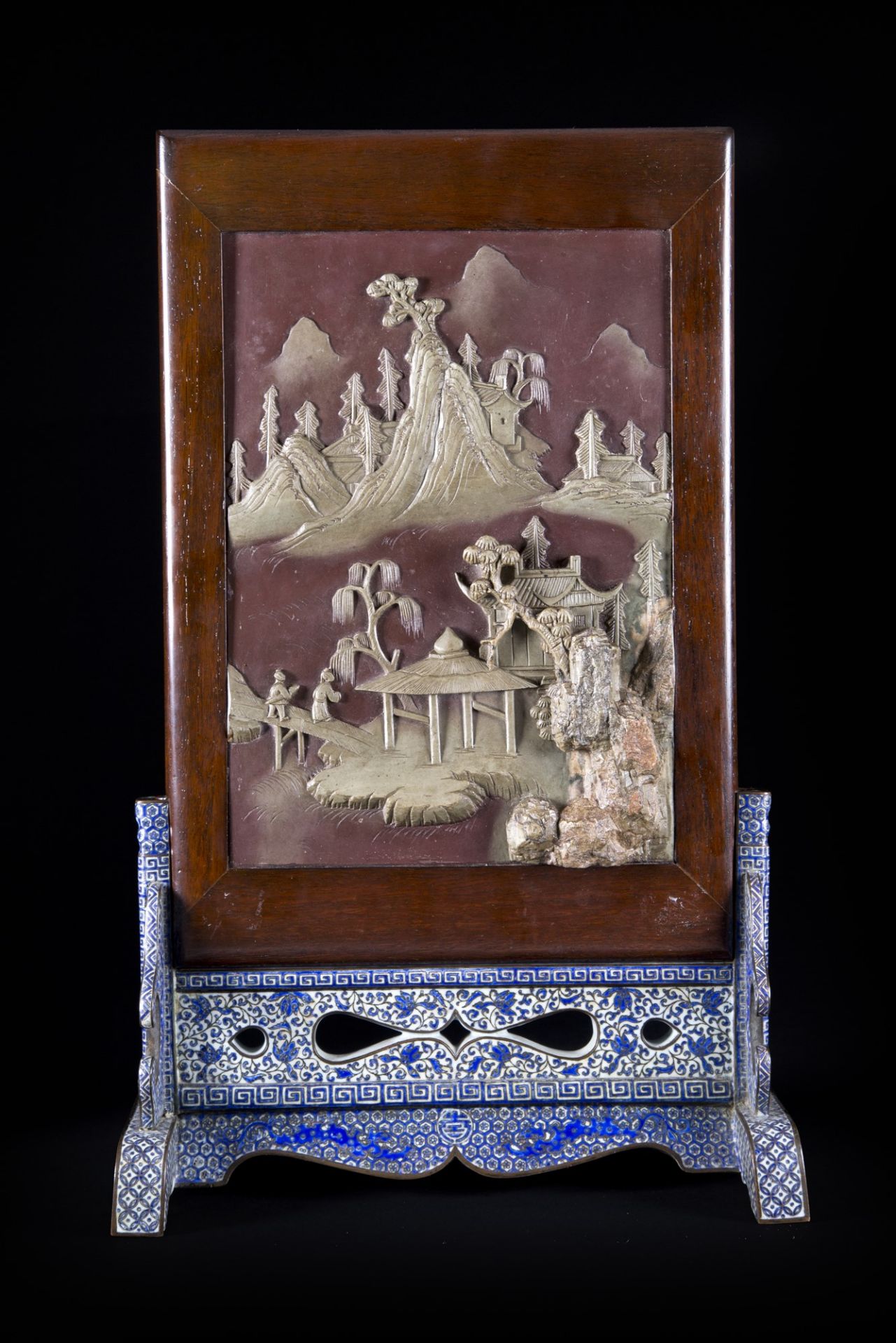 DUAN STONE AND CLOISONNÃ‰ WOOD TABLE SCREEN h. 39,5 cm x l. 24 cm - Image 3 of 3