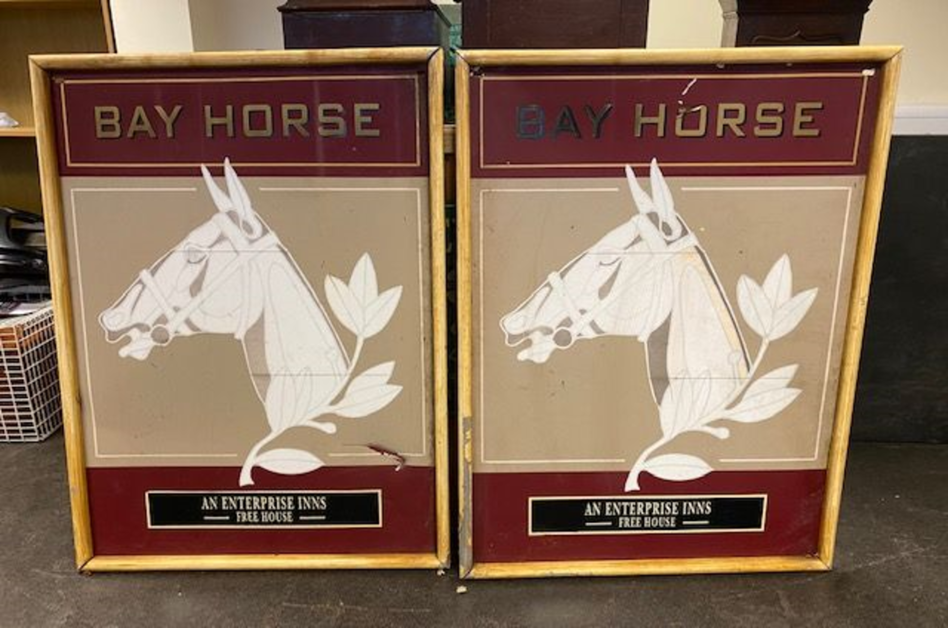2 BAY HORSE SIGNS IN LARGE FRAMES