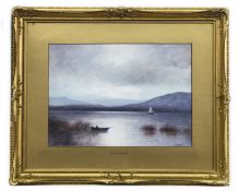 MOONLIGHT ON A LOCH, A WATERCOLOUR BY F ARNOLD