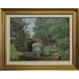 TWO GIRLS BY A BRIDGE, AN OIL