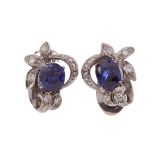 A PAIR OF SYNTHETIC SAPPHIRE AND DIAMOND EARRINGS