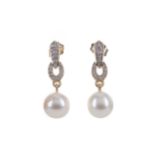 A PAIR OF PEARL AND DIAMOND EARRINGS