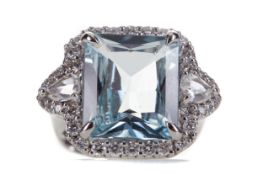 A CERTIFICATED AQUAMARINE AND DIAMOND RING