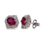 A PAIR OF CERTIFICATED TREATED RUBY AND DIAMOND EARRINGS
