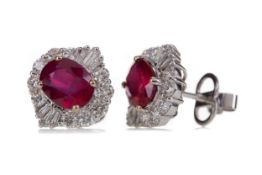 A PAIR OF CERTIFICATED TREATED RUBY AND DIAMOND EARRINGS