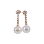 A PAIR OF PEARL AND DIAMOND DROP EARRINGS