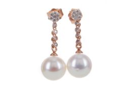 A PAIR OF PEARL AND DIAMOND DROP EARRINGS