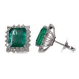 A PAIR OF EMERALD AND DIAMOND EARRINGS