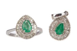 AN EMERALD AND DIAMOND CLUSTER RING AND PENDANT
