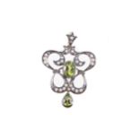 A PERIDOT, DIAMOND AND SEED PEARL PENDANT