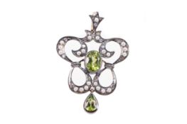 A PERIDOT, DIAMOND AND SEED PEARL PENDANT