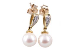 A PAIR OF PEARL AND DIAMOND EARRINGS