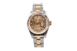 A LADY'S ROLEX OYSTER PERPETUAL DATEJUST STAINLESS STEEL BICOLOUR AUTOMATIC WRIST WATCH