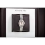 A LADY'S RAYMOND WEIL DIAMOND SET STAINLESS STEEL QUARTZ WRIST WATCH