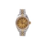 A LADY'S ROLEX OYSTER PERPETUAL DATE STAINLESS STEEL BICOLOUR AUTOMATIC WRIST WATCH