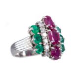 A CERTIFICATED RUBY, DIAMOND AND EMERALD RING