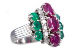 A CERTIFICATED RUBY, DIAMOND AND EMERALD RING
